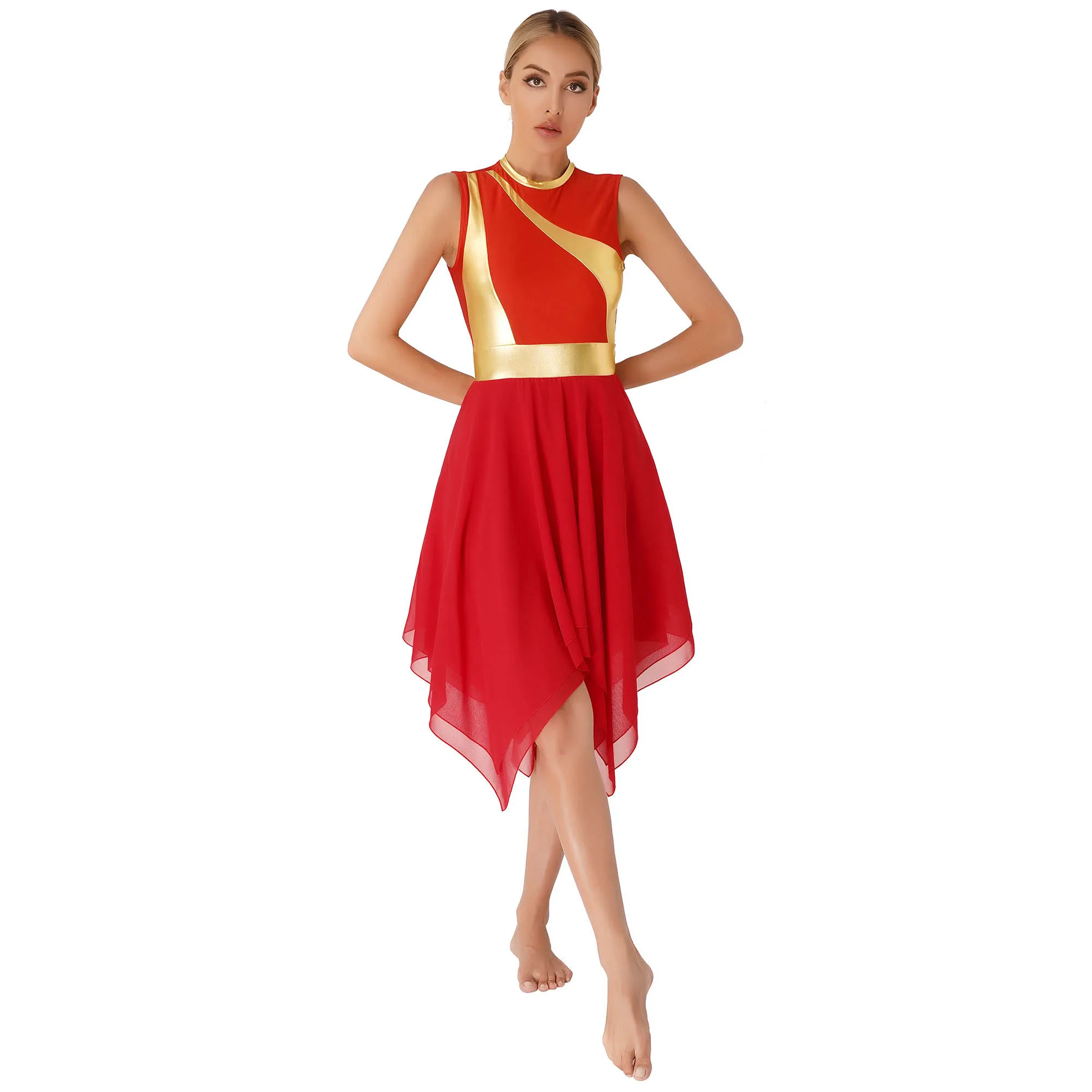 Womens color block irregular hem moderno lírico dança traje vestidos sem mangas invisível zíper voltar vestido ballet dancewear