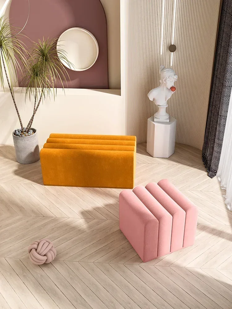Velvet Ottoman stool square shoe stool light luxury modern solid wood home stool