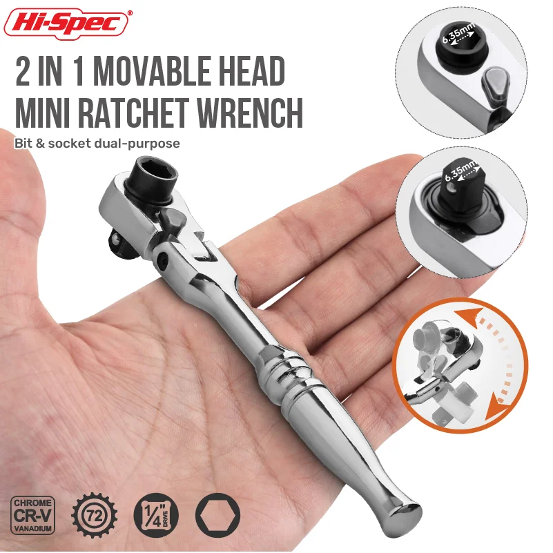 Hi-spec 2-em-1 mini chave de catraca cabeça móvel lidar com chave de soquete de ponta dupla pequena mosca torque ferramentas de reparo manual