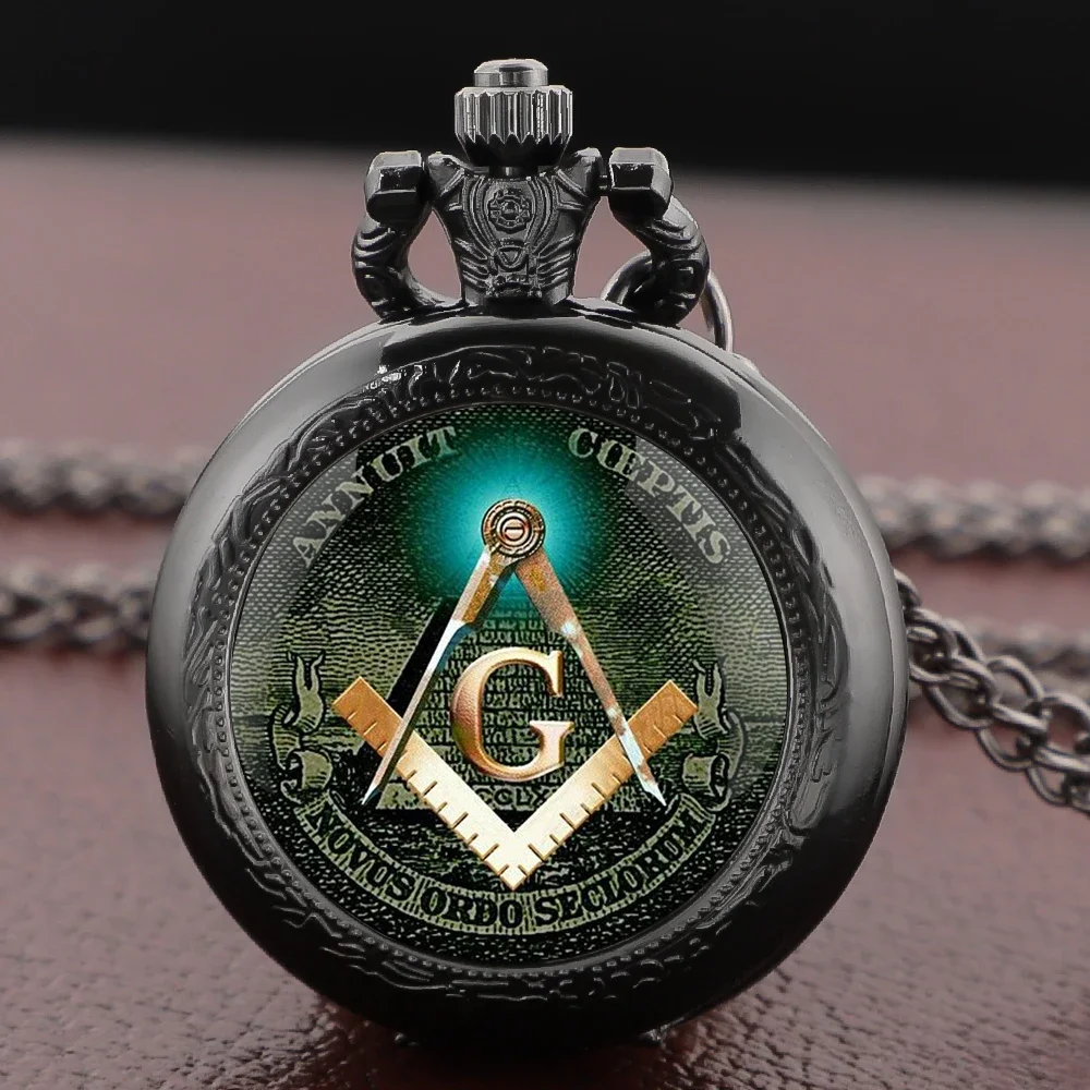 Enigmatic Freemasonry Glass-Dome Pocket Watch Necklace Arabic-Numeral Dial Vintage Unisex Pendant With Chain