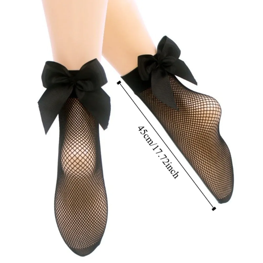Kawaii Micro/Mid/Large Mesh with Bow Fishnet Socks Non-Slip Vintage Ankle Socks Short Length Breathable Sheer Socks Daily Use