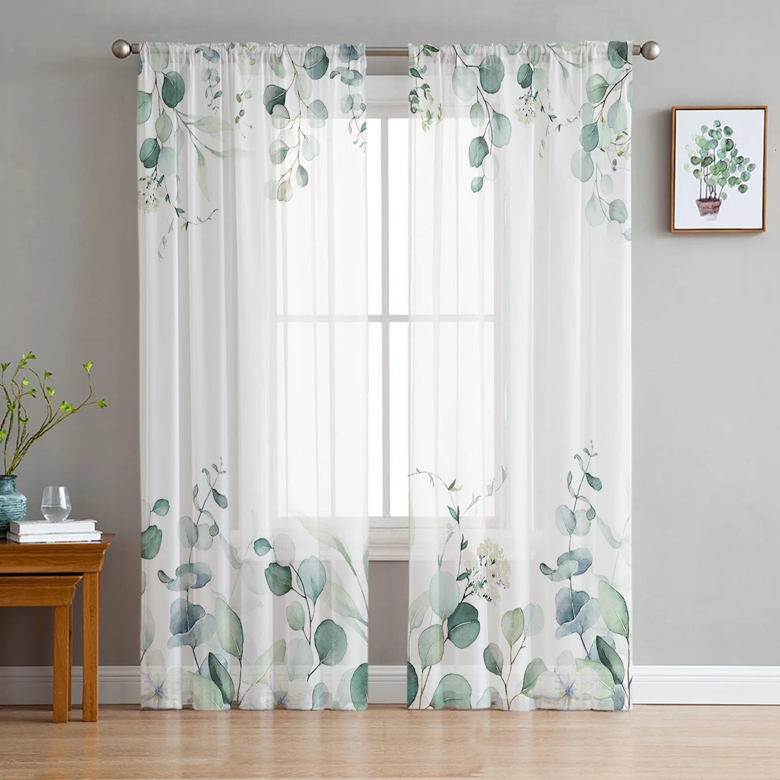 Ins Style Eucalyptus Leaves Sheer Curtains for Living Room Decoration Window Curtains for Kitchen Tulle Voile Organza Curtains