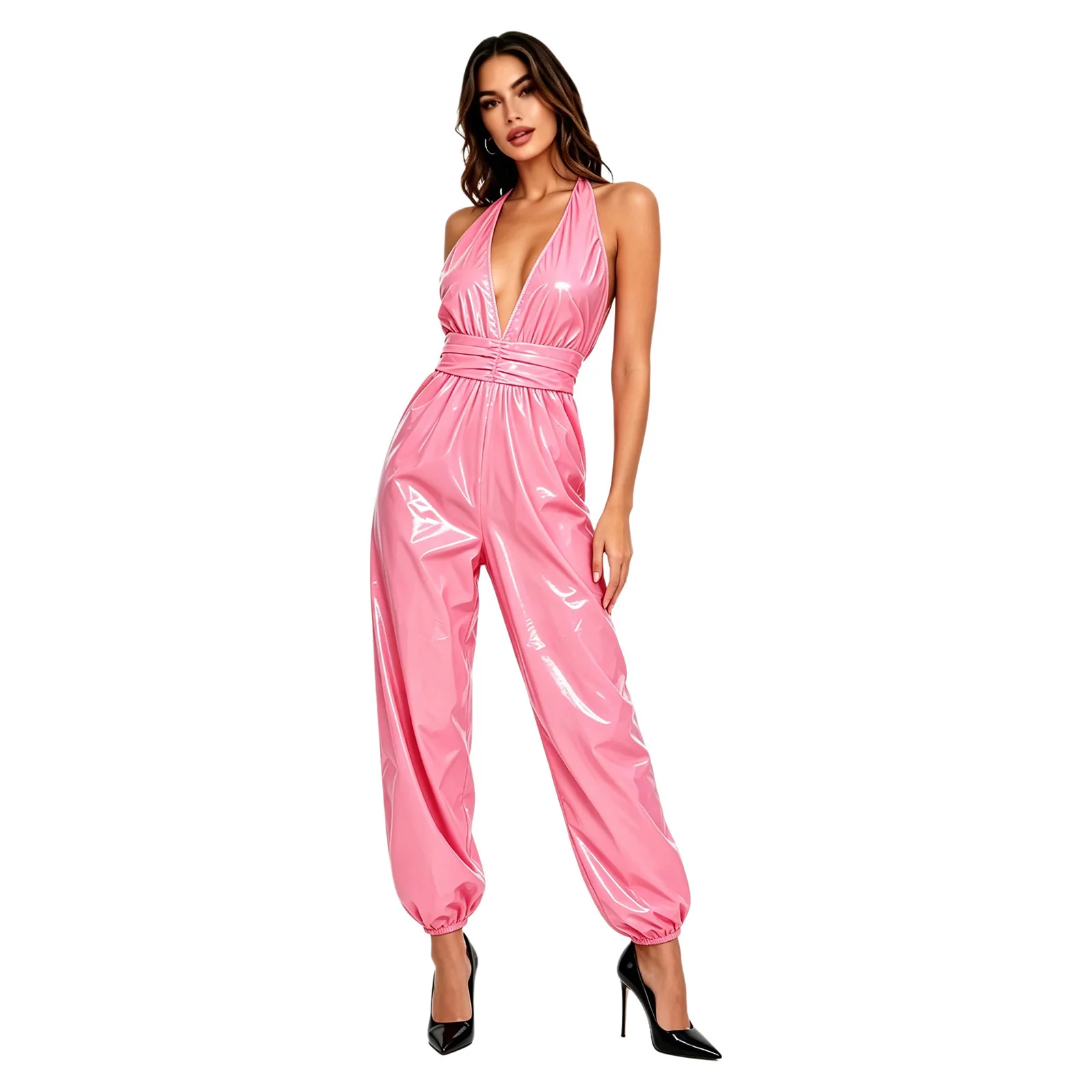 Women Sexy Deep V Glossy Waterproof Jumpsuit Halter Backless Split Legs Bodysuit Club Rave Party Carnival Pole Dance Rompers