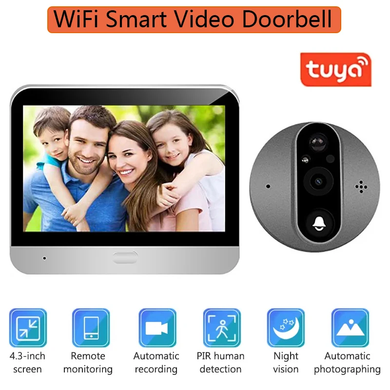 4.3インチWiFi Tuyaスマートビデオドアベル 1080P双方向音声インターコム ドアアイカメラ ホームセキュリティ ナイトビジョンビデオドアベル