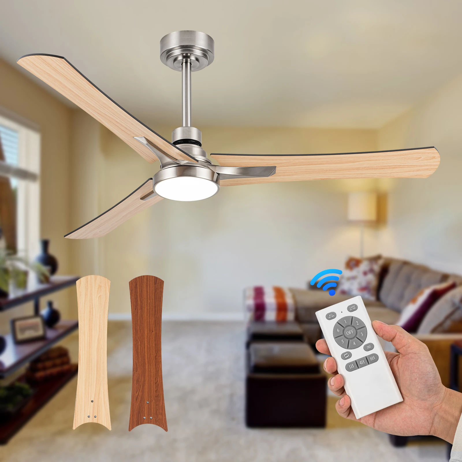 52" Nickel Finish Ceiling Fan With 3 Reversible Blades And Adjustable LED Light - Sleek, Efficient, And Affordable