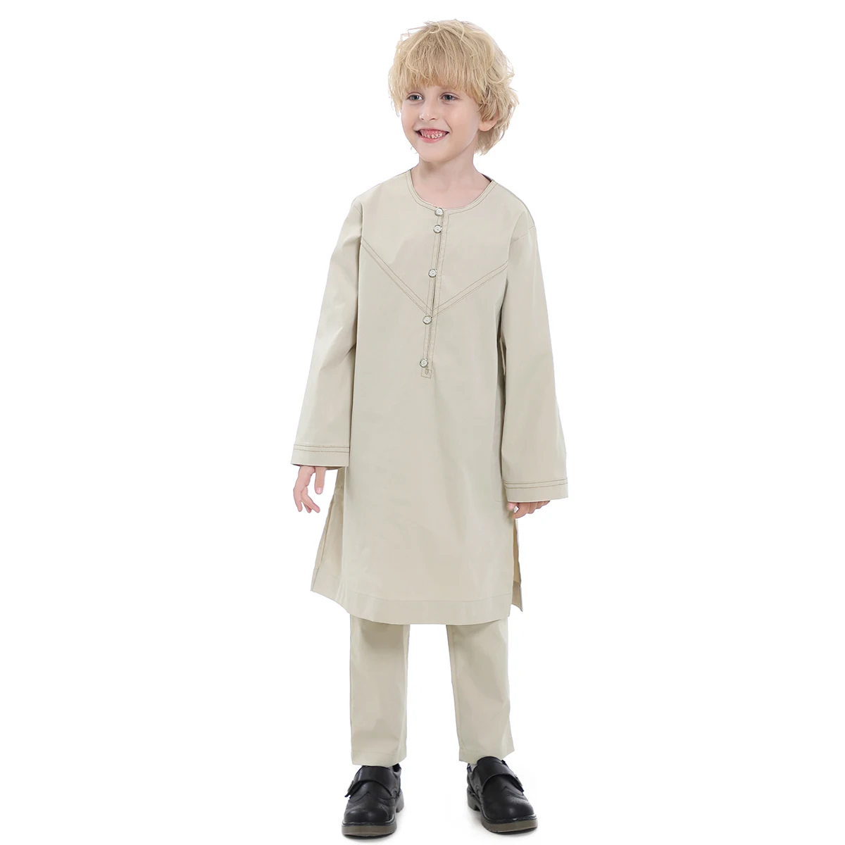 Thobe-Conjunto de traje musulmán elegante para niños, Camisa larga Abaya con pantalones, color Beige, gris, café, blanco, TH879