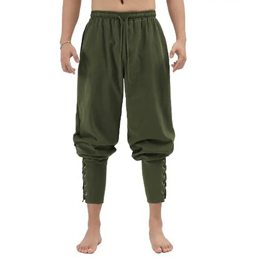 Men Pants Ankle-banded Lace-up Strap Elastic Waist Pleated Loose Cropped Trousers Cosplay Costume