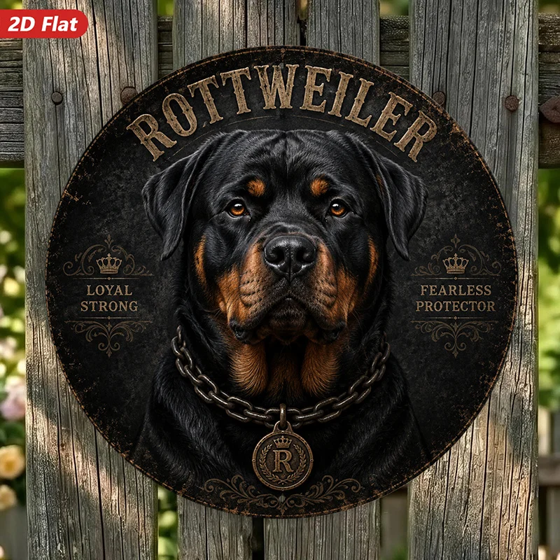 2D Flat, 1pc Rottweiler Portrait Round Metal Sign Wall Art, Rottweiler Name, Home Decor, Loyal Strong, Fearless Protector, Black