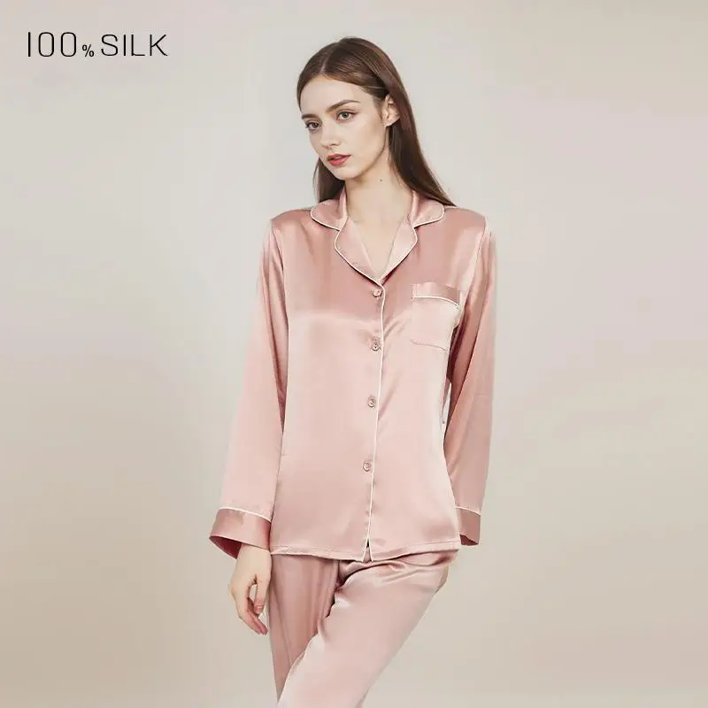2025 Summer New Silk Pajamas Women's Long Sleeve Pants Lapel 100% Mulberry Silk Cool Home Clothes Set Pajamas Nightwear