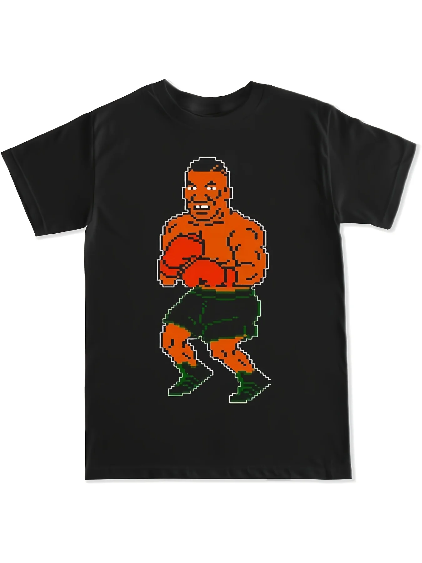 Plus Size Men's T-Shirt Retro Pixel Art Boxer T-Shirt - Bold Black Tee Featuring a Pixelated Boxer in Orange Skin, Red Gloves, and Green Shoes - Fun Vintage Gaming Inspired Apparel for Boxing Fans and Game Enthusiasts