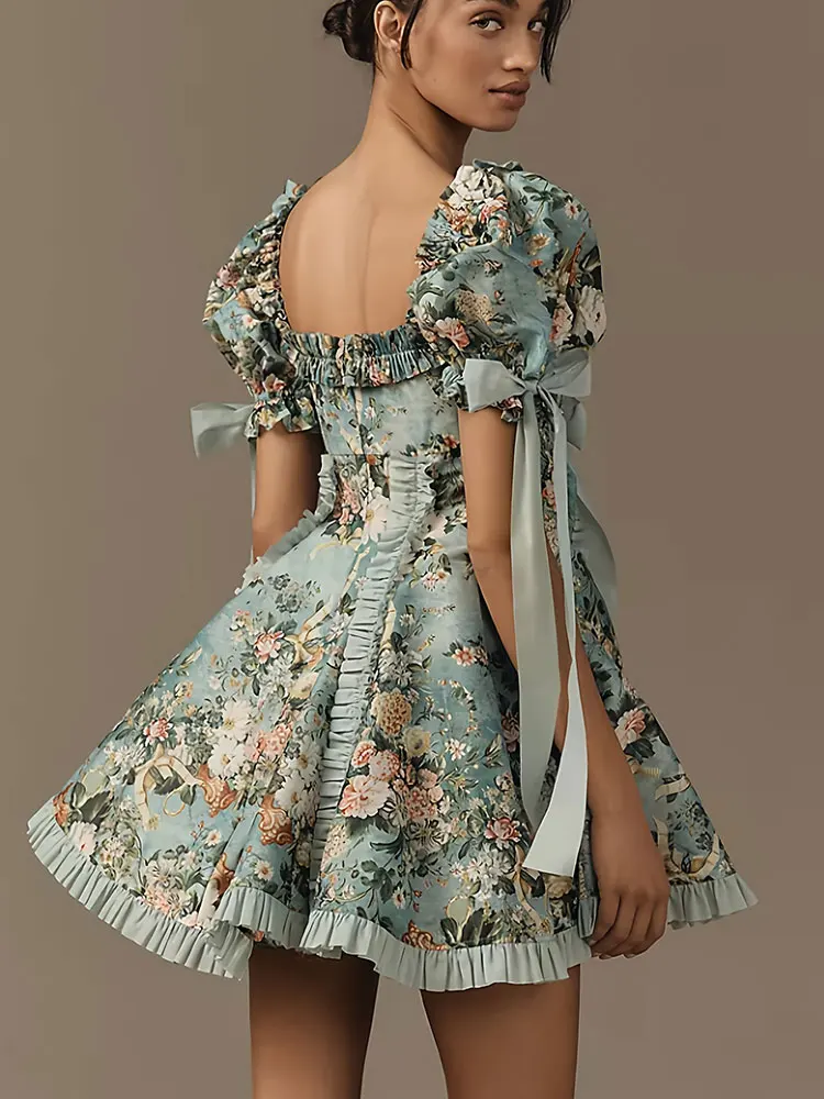 New Plus Size Women's Lace Square Collar Mini Dress With Floral Print Lantern Short Sleeves Dress Party Elegant Evening Dresses
