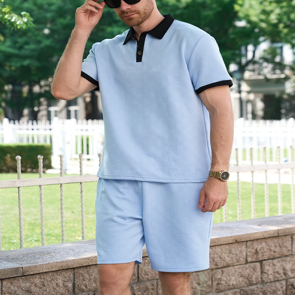 

New summer men's jacquard short-sleeve and short-pants set, casual lapel color-blocking two-piece suit for POLO short-pants set