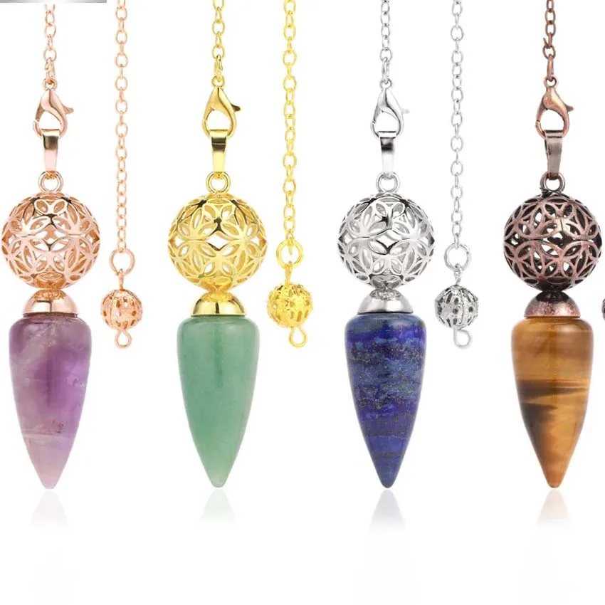 Natural Crystal Cone Top Stone Pendulums For Dowsing Divination Hollow Flower Ball Crystals Quartz Pendules Pendulos Pendant