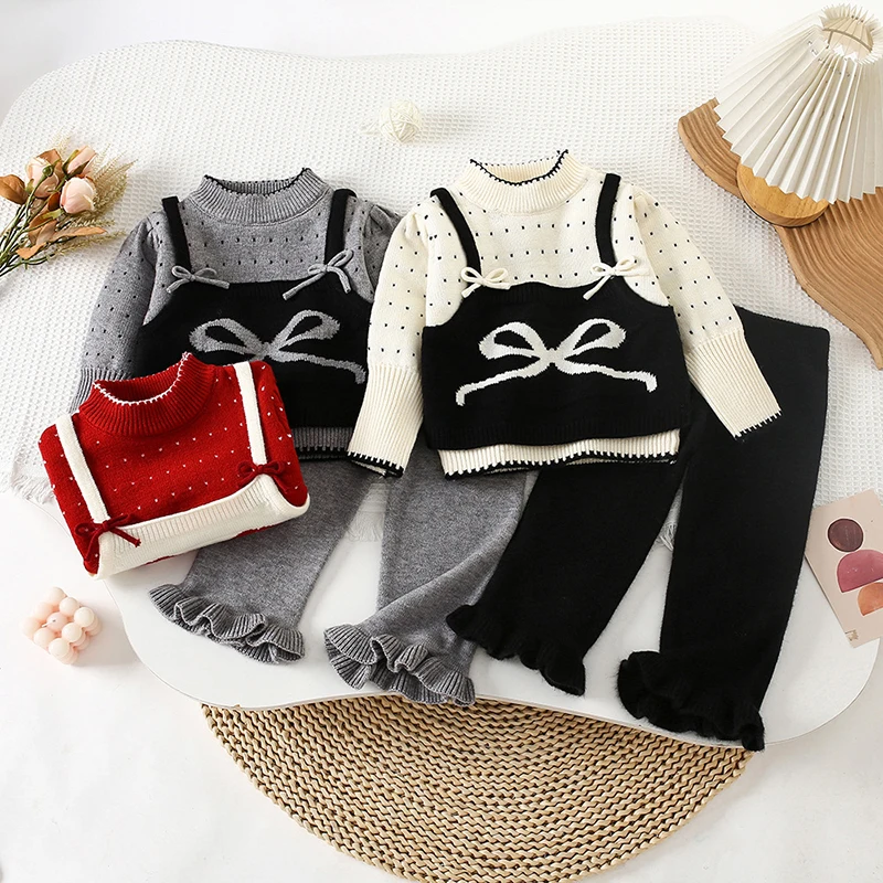 

2025 New Autumn Winter Kids Knitted Clothing Suit Long Sleeved Knitted Pullover Tops+Pants 2-6Yrs Baby Girls Clothing Set