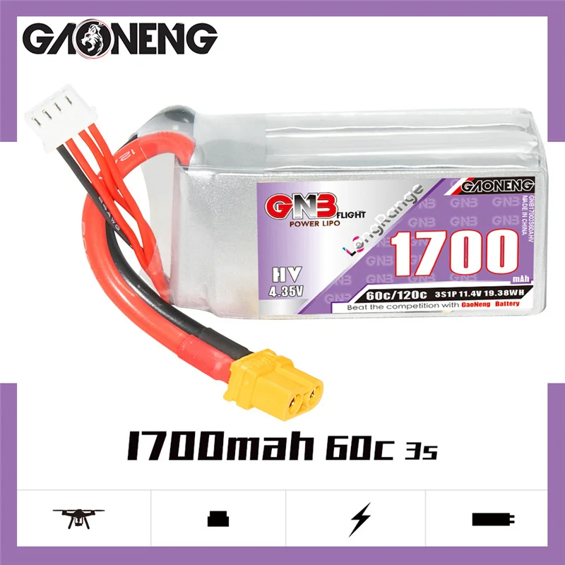 GNB 7.6V/11.4V/15.2V/19V/22.8V 1700mAh 60C/120C bateria Lipo dla RC samochód śmigłowiec FPV części do dronów wyścigowy z wtyczką XT60