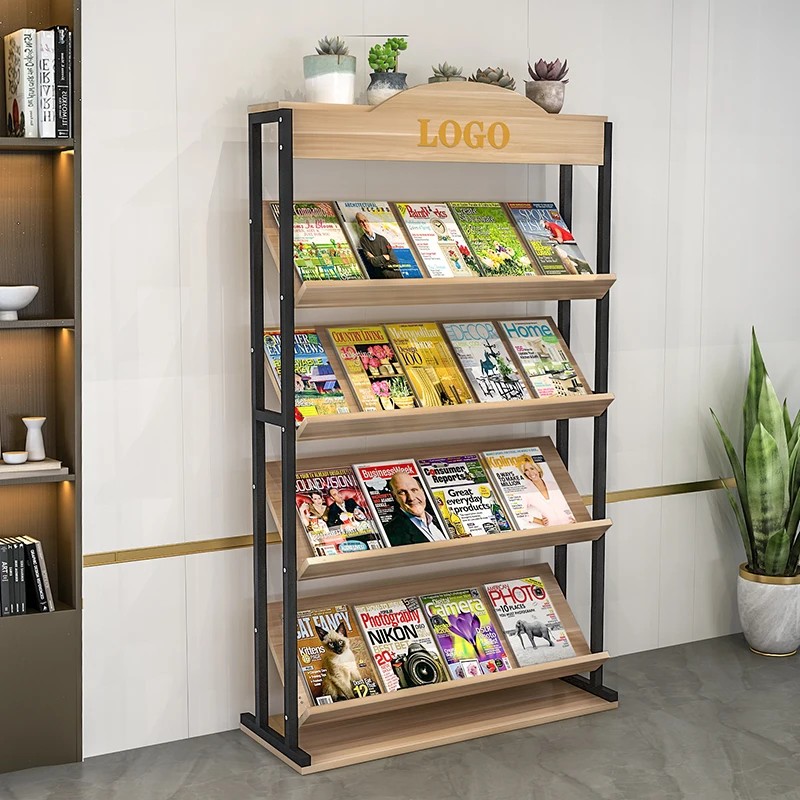 Newspaper rack Magazine Floor-to-ceiling wooden book Office shelf Storage Promotional materials Bevel display rack