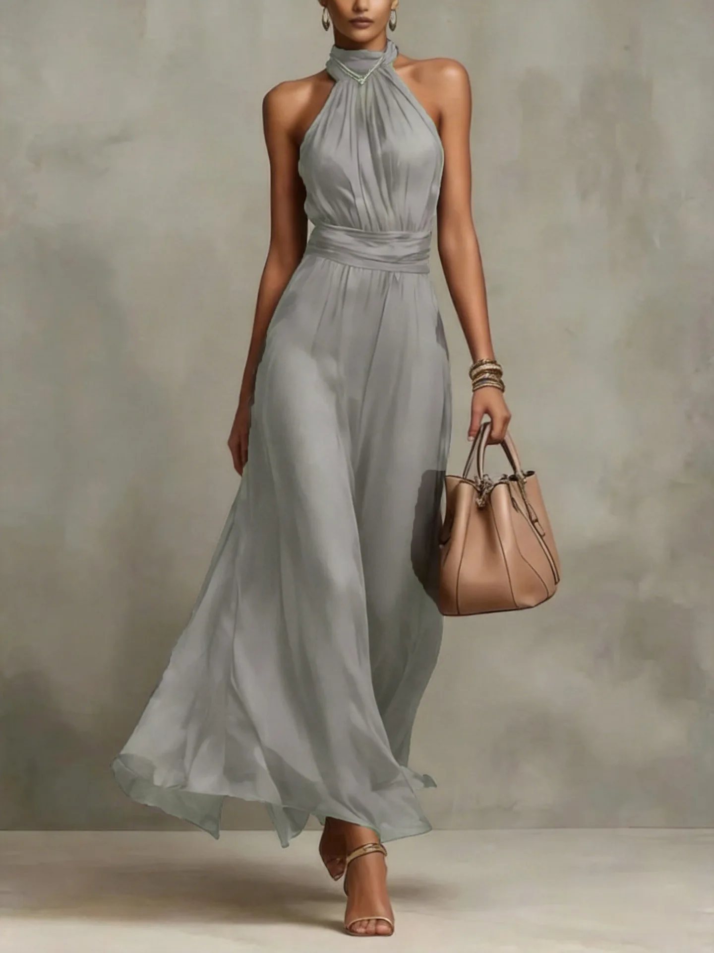 Vintage Maxikleid aus Chiffon mit Neckholder, ärmellos, rückenfrei, hoher Taille, Schlitz, fließend, mit floralem Aquarellmuster für Abend und Hochzeit – Detail 13