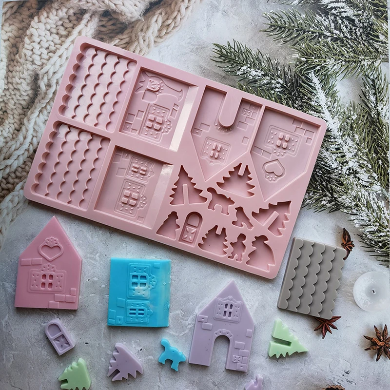 1Pc Building block Christmas House Chocolate Mold Silicone Mould Gingerbread House Cookie Mold Cake Fudge Christmas Decoration