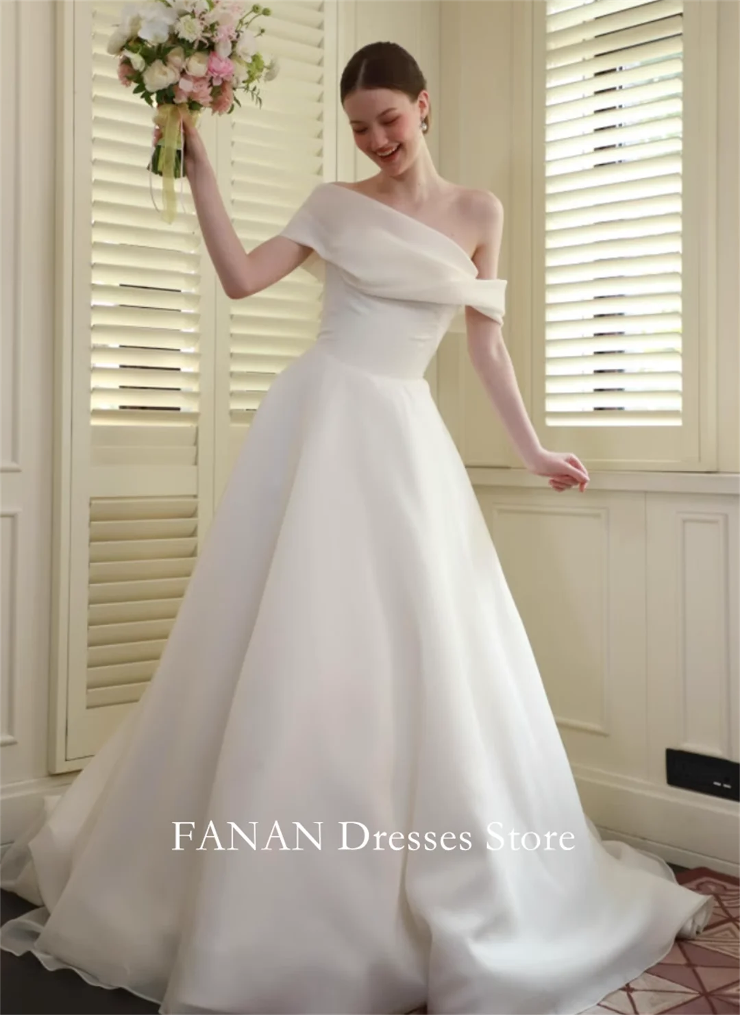 FANAN Off-Shoulder Korea Ivory A-Line Backless Wedding Dresses 웨딩드레스 Organza Sleeveless Customized Pretty  Bride Gowns Plus Size