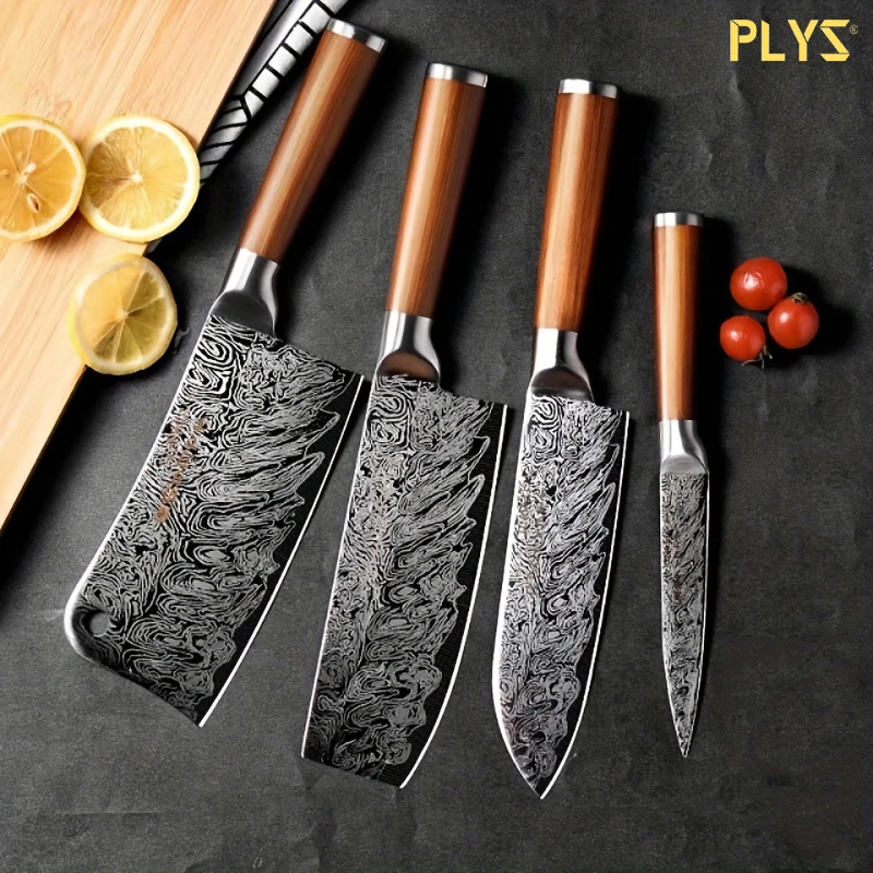 PLYS-Damascus PatternKitchen Knife Set - Special Vegetable, Meat, And Bone Knives For Chefs
