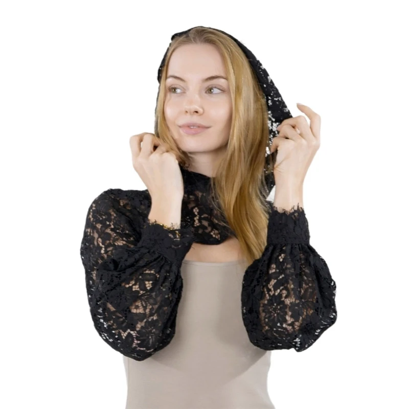 camicia corta da donna a maniche lunghe con cappuccio in pizzo trasparente con ciglia, colletto falso