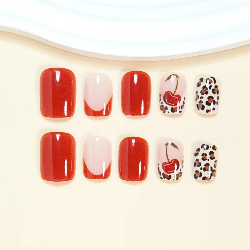 24 قطعة طرف فرنسي الكرز ليوبارد الأظافر وهمية الحلو حار نمط اضغط على الأظافر قصيرة مربعة الشكل الأوروبية الأمريكية الأظافر كاذبة netyp #4