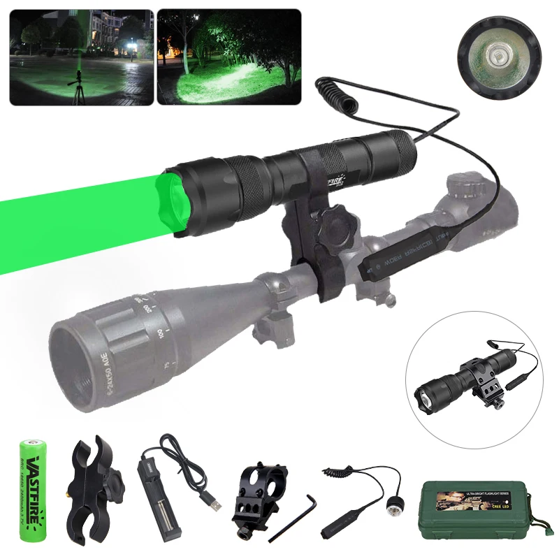 

502B LED Hunting Flashlight Green Tactical Torch Green Light 1-Mode Waterproof Outdoor Light Mount+Switch USB Rechargeable Lamp