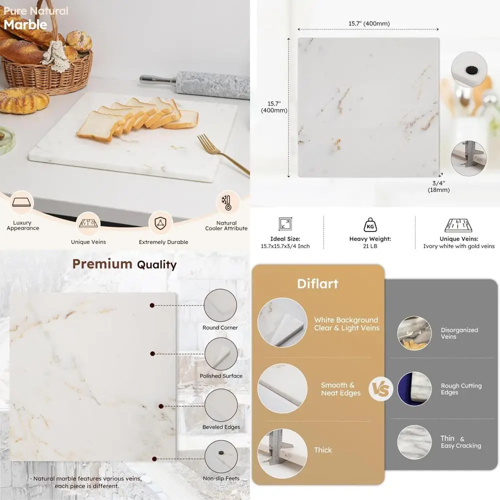 

Large Marble Cutting Board 16x16 Inches, White with Gold Veins, Non-Slip Feet, Ideal for Kitchen, Cheese, Chocolate, 1 Piece Set