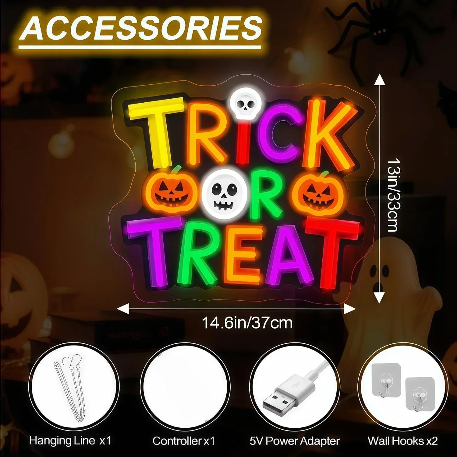 Trick Or Treat Neon Sign USB Powered Pumpkin LED Neon Light Halloween Party Door Porch Bedroom Aesthetic Decor Night Light Gift