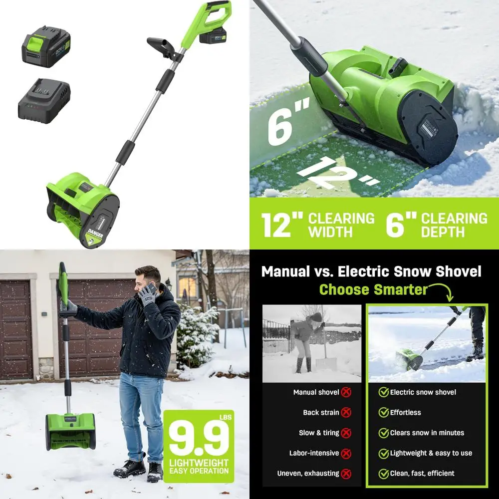 

Беспроводной 12-дюймовый снегоочиститель с направленной пластиной, дальность действия 20 футов, инструмент для удаления снега на батарейках