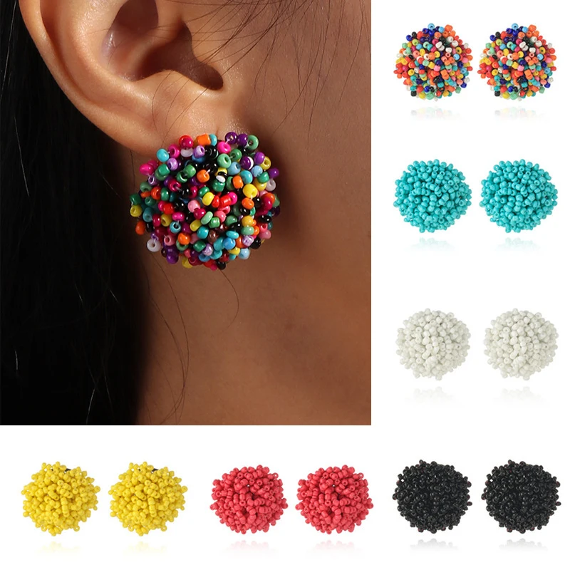 Vintage Bohemian Colorful Bead Round Shape Stud Earrings for Women Handmade Simple Ethnic Boho Jewelry Accessories 2023