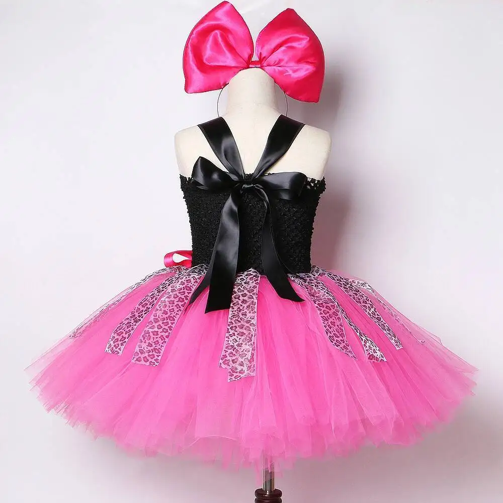 Girls Black Hot Pink Princess Dresses with Big Bowknot Hair Clip Birthday Party Tutu Dress Up Outfit for Kids Leopard Clothing