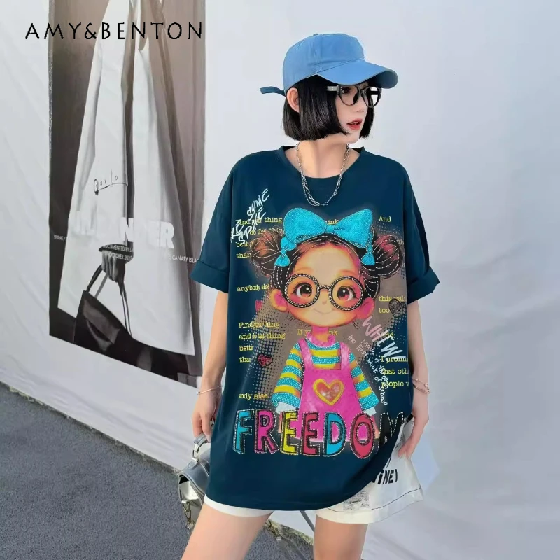 

2026 Summer New Heavy Craft Sweet Cartoon Print Short-sleeves T-shirt For Women's Y2k Kawaii Loose Casual Versatile Top Pullover