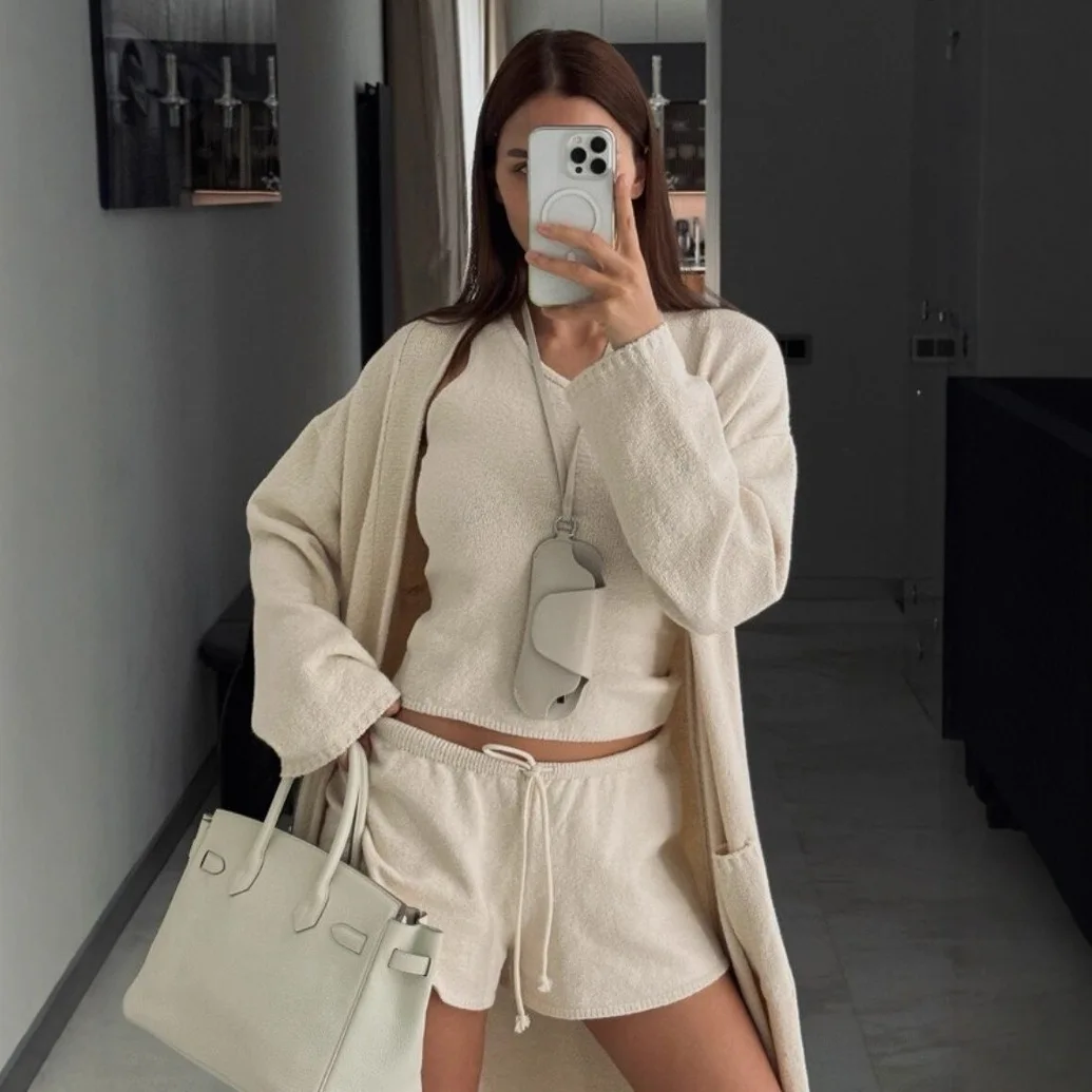 

Three-piece women's clothing 2025 summer and autumn vest high waist shorts long cardigan kimono club clothing Vestidos