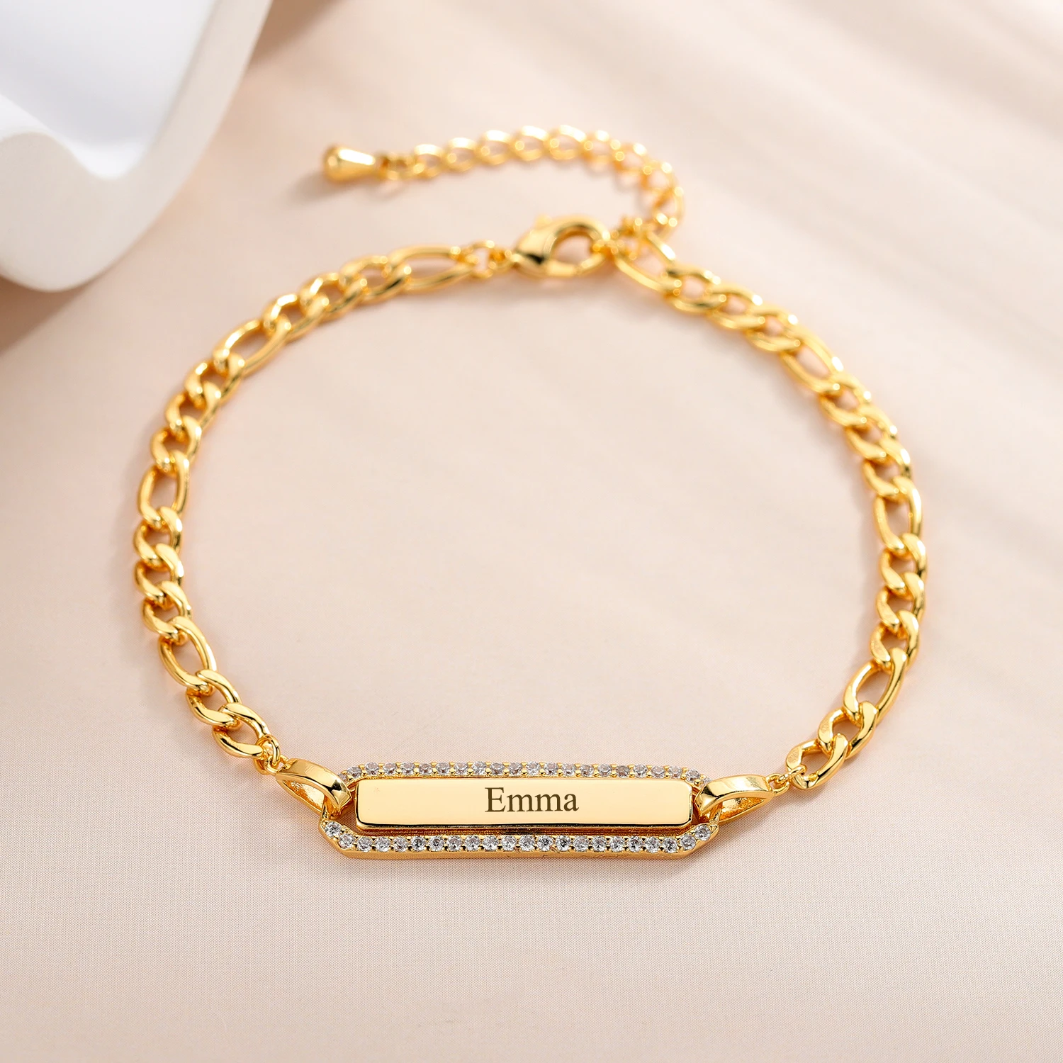 Custom Date Rectangle Engraved Arabic Name Bracelet Luxury White Crystal Charm Adjustable Bracelets 18K Gold Plated Gift For Her