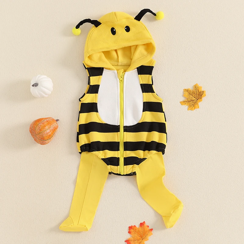 Baby Bee Costume Sleeveless Hooded Romper Long Socks Set Infant Bumble Bee Costume Newborn Outfit