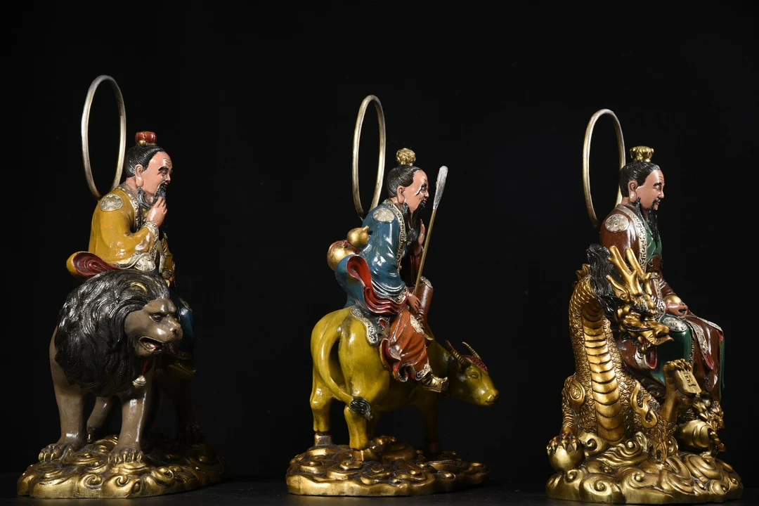 17 "مجموعة معبد التبت القديمة المطلية بالبرونز سانتشينغ البطريرك لورد لاو زي ثلاثة الخالدون الوحش الإلهي الخلفي قاعة العبادة