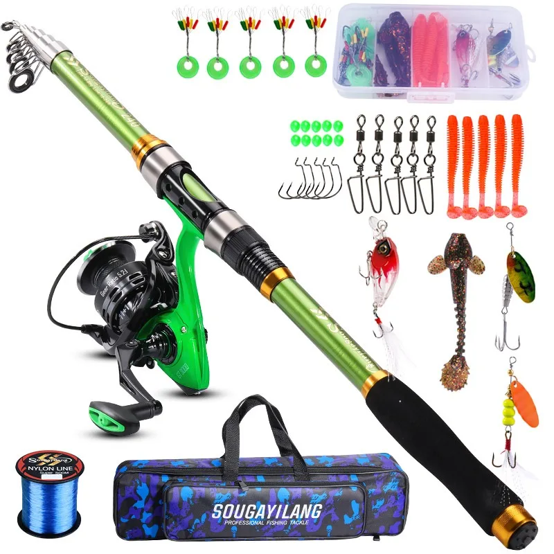 

Sougayilang Fishing Set Full Kits with Telescopic Fishing Rod and Spinning Reel Bait Hook Travel Pole Set with 500m Fishing Line