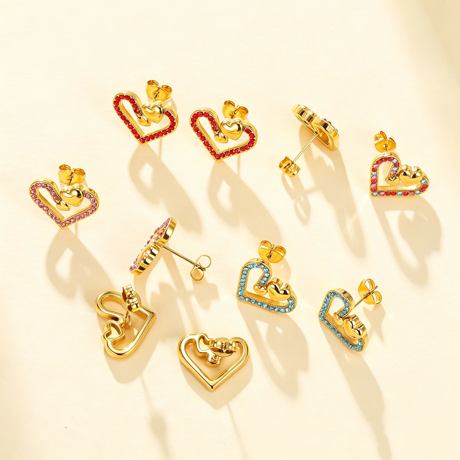 Eueavan Edelstahl Doppelherz Ohrstecker Strass Kristall Ohrringe Romantischer Schmuck für Frauen Party Valentinstag – Detail 4