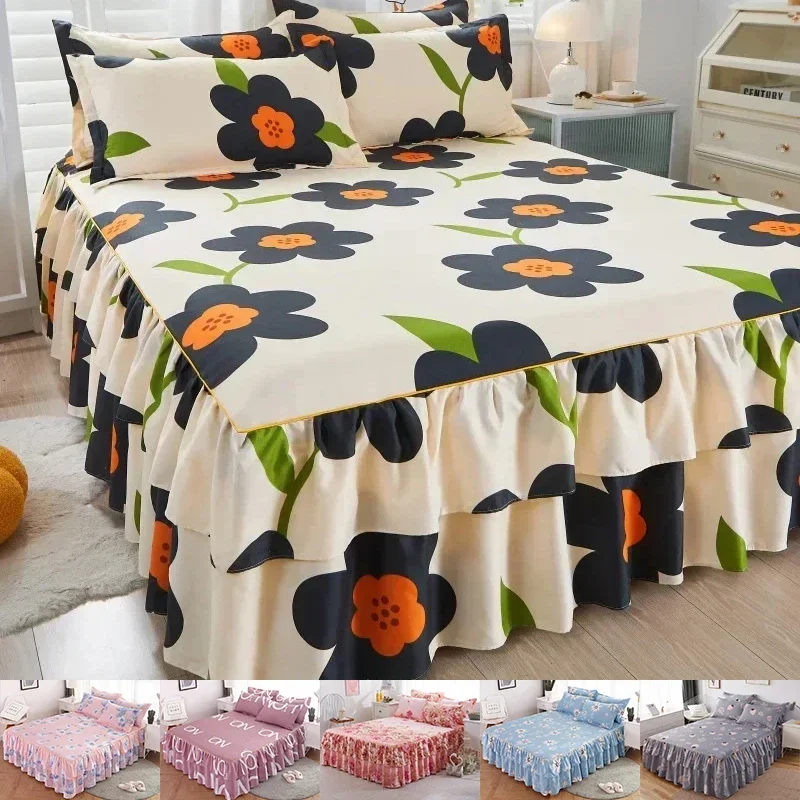 Two Layers Lace Trim Heightening Bed Skirt Plant Printed Mattress Cover Soft Comfortable Single/Queen/King Size Bed Sheet Skirt