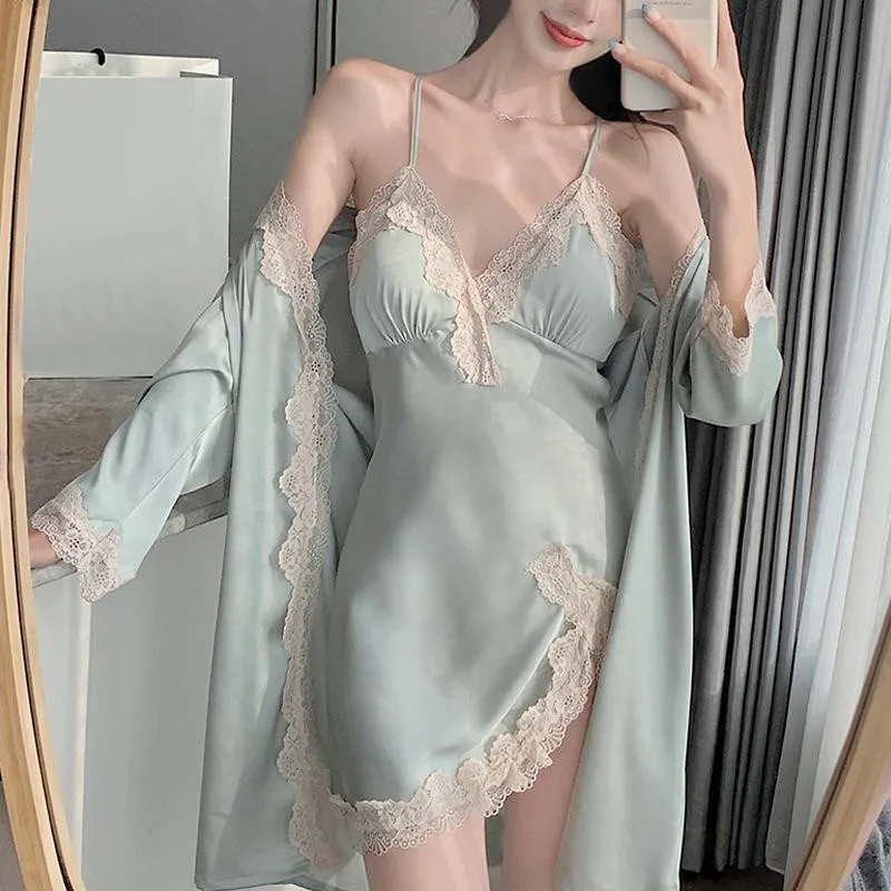 Women Twinset Robe Gown Set Sexy Lace Nightgown Kimono Bathrobe Nightdress Casual Satin Sleepwear Home Wear Clothing