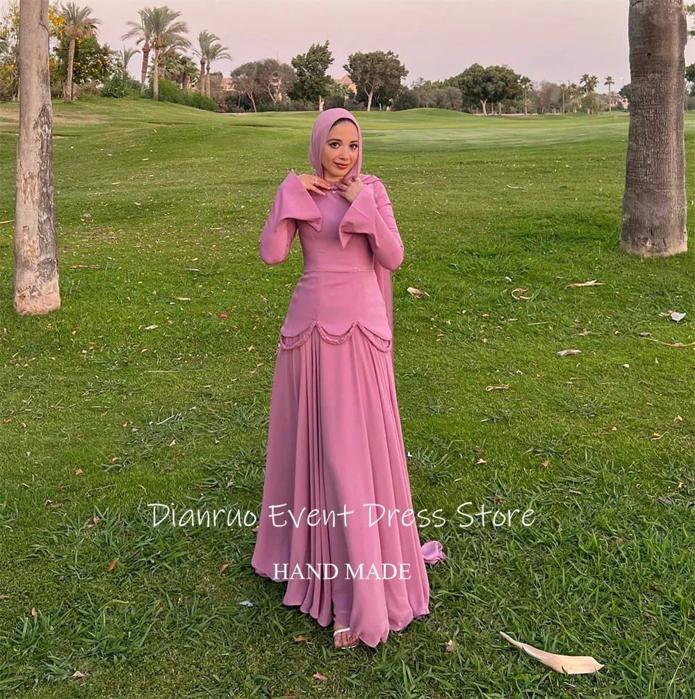 Dianruo uma linha fitas vestido de noite chiffon maxi vestido para ocasiões festivas muçulmano mangas largas abendkleider dubai personalizado