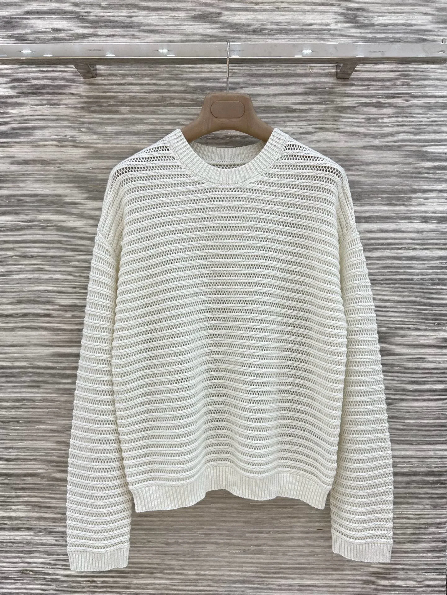 Minimalist Sheer Striped Open Knit Sweater for Women, Sparkle Yarn Crew Neck Loose Long Sleeve Layering Top