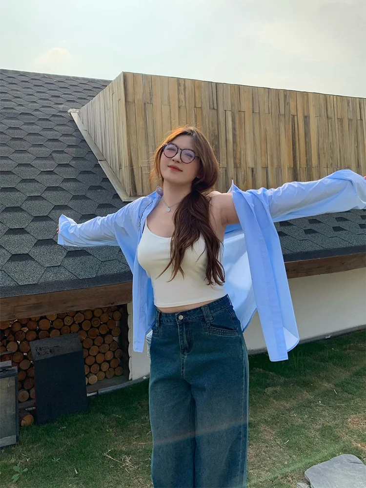 

Свободная синяя рубашка для девочек, повседневная, с длинным рукавом, большого размера, однотонная, с воротником, тонкая, для работы и отдыха