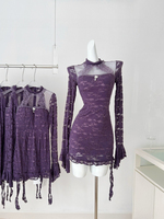 Summer Elegant Slim Dress Women Fashion Sexy Purple Lace Patchwork Long Sleeve Mini Bodycon Dresses Korean Female Chic Y2k Dress