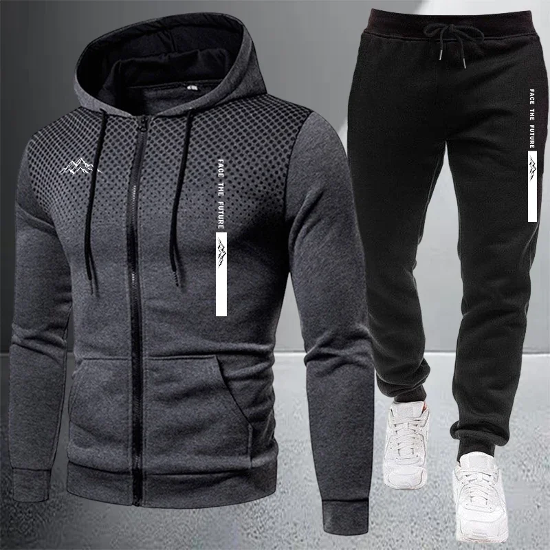Hot Sales Men's Jacket Tracksuit Casual Zip Hooded Dot Sweatshirts Coat Outdoors Sports Clothes Autumn Winter Single Tops Pants view 3