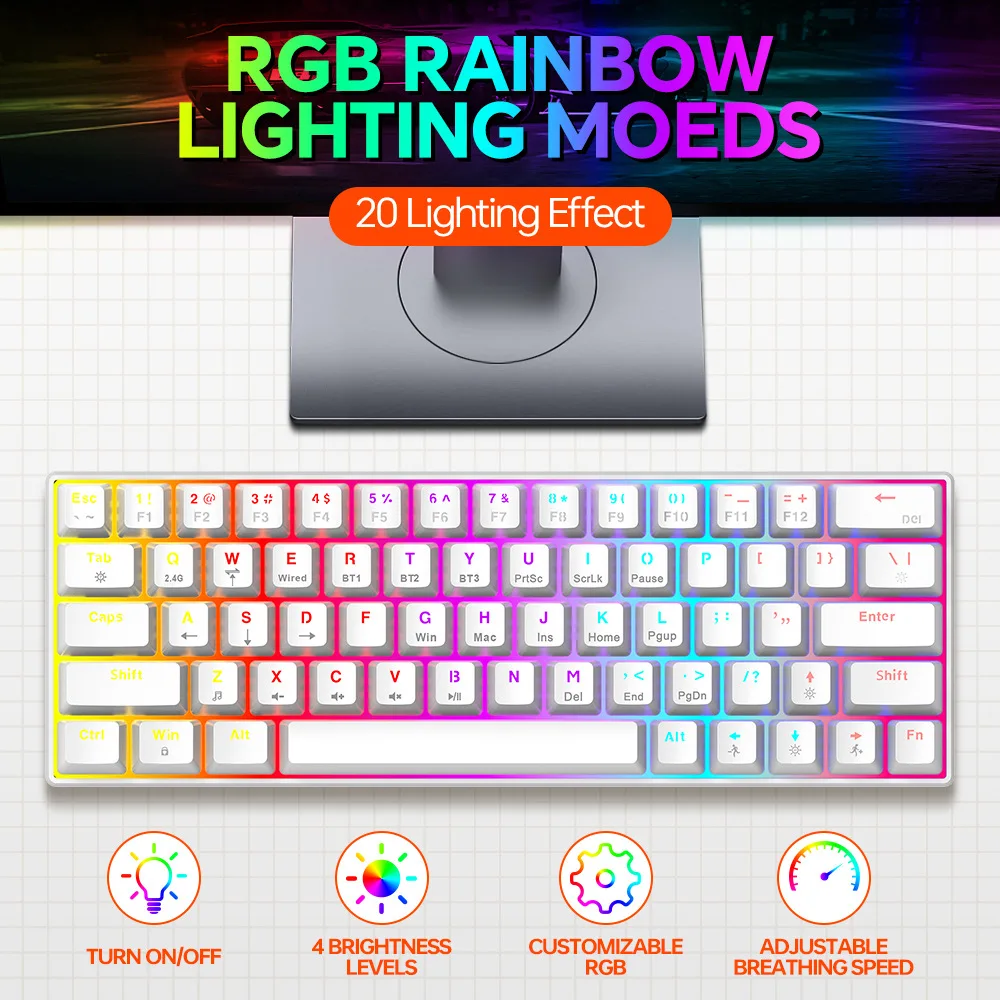 T-WOLF Mechanical keyboard RGB Light-emitting Wireless Bluetooth gaming keyboard Tablet Computer Game 63 Keys for  Computer