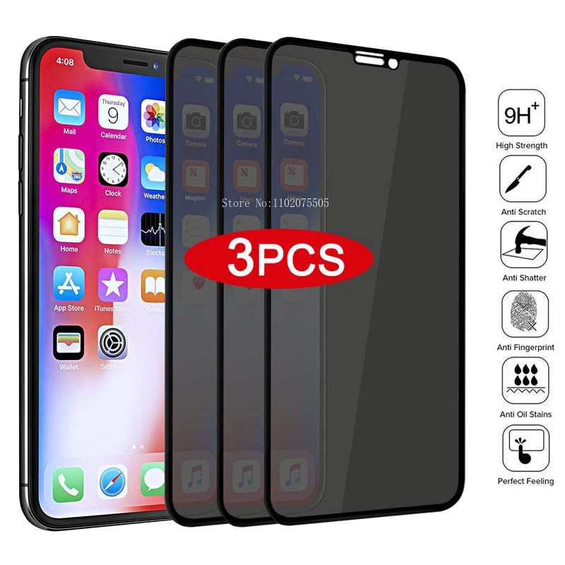 Cobertura completa de vidro temperado anti-espião, protetor de tela particular para iPhone 15, 14, 13, 12, 11 Pro Max, XS Max, XR, 7, 8 Plus, 3pcs