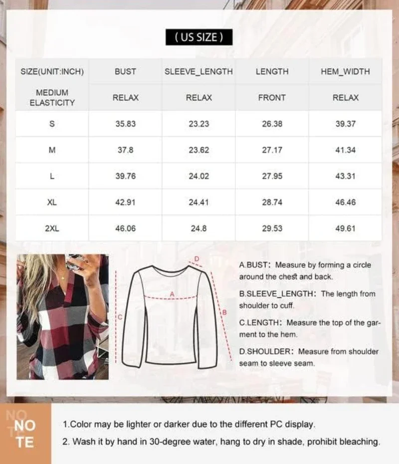 Shirt Womens Basic Casual V Neck Plaid Print Cotton Cuffed Long Sleeve Work Tops Blouses Shirts S-5XL