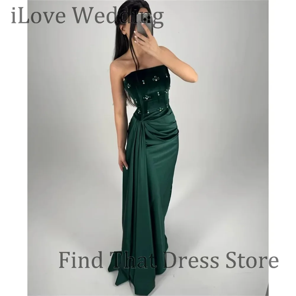 

Custom Made Green Boat Collar Velet Pleated Evening Party Dress Beaded Floor Length Sheath Backless Saudi Arab Dress with Train